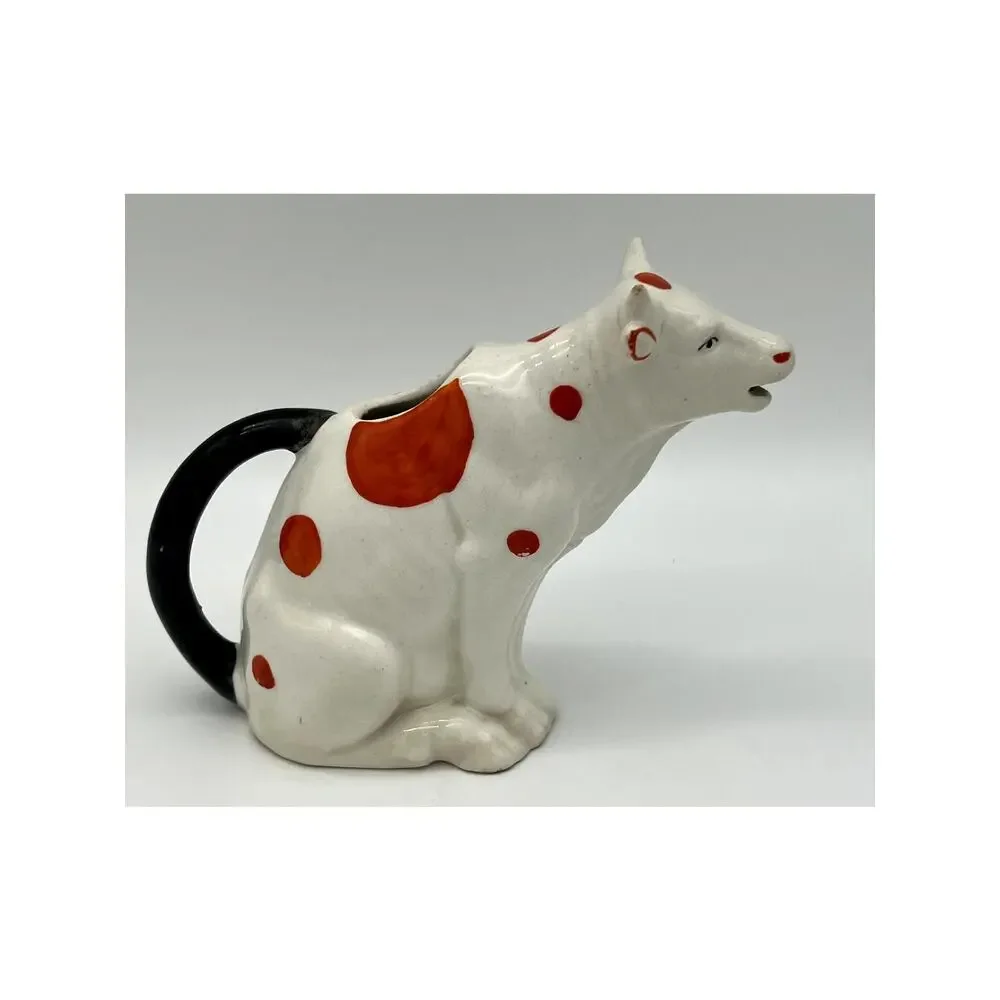 Vtg MCM Farmhouse Ceramic White w/ Orange Spots Cow Kitchen Creamer Serveware